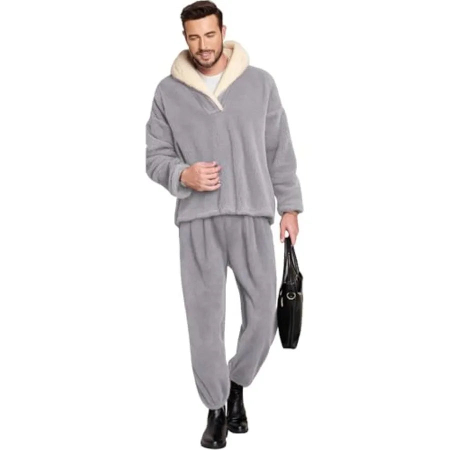 Mens Fluffy Coral Fleece Pajama Set Pullover Pants Loungewear Sleepwear