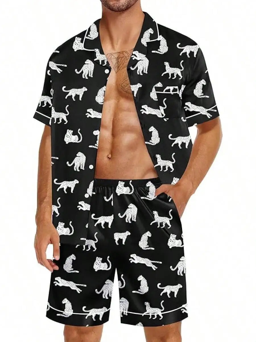 Mens Satin Silk Pajama Set Short Sleeve Button Down Sleepwear With Pocket