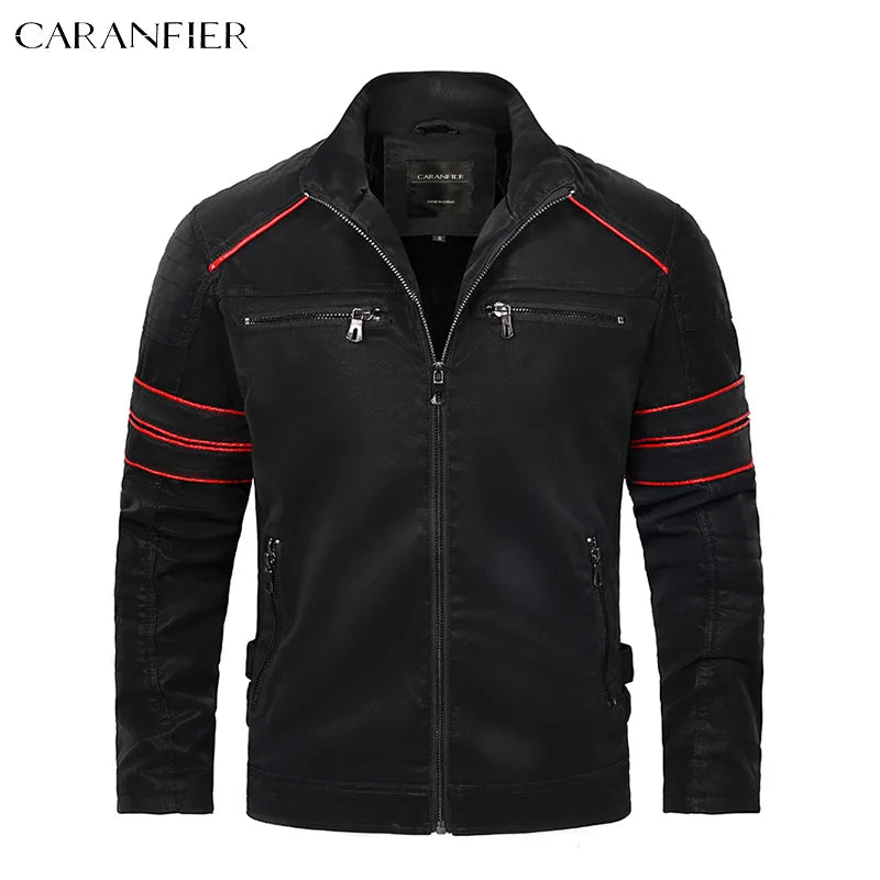 Caranfier Mens Leather Jacket Motorcycle Biker Coat