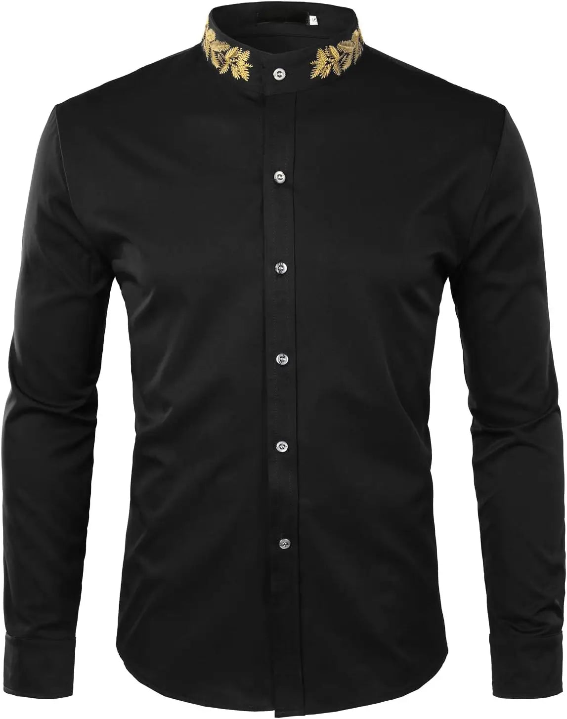 Mens Embroidery Mandarin Collar Slim Fit Long Sleeve Dress Shirt