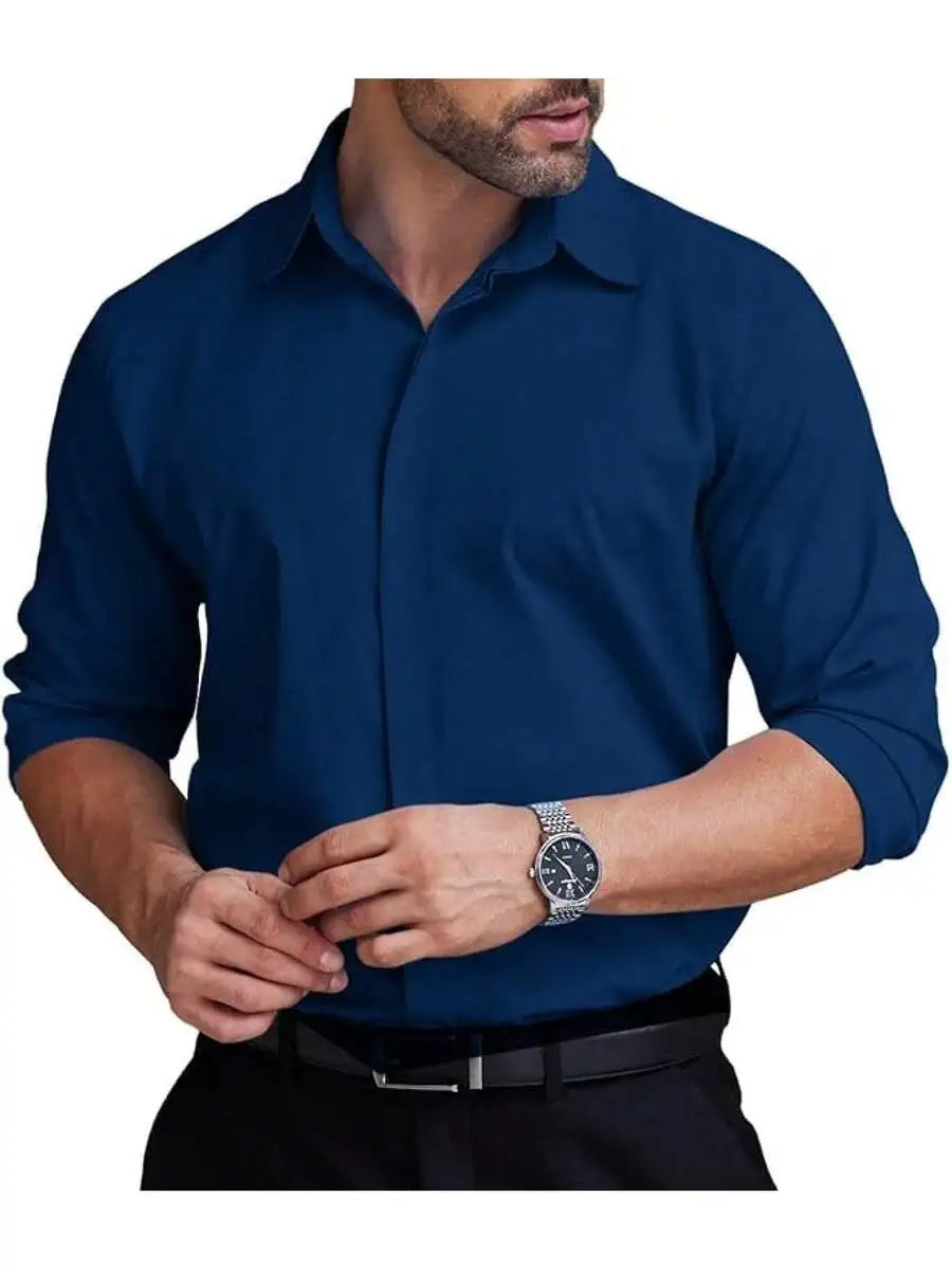 Mens Formal Dress Shirt Hidden Button Front Wrinkle Free Stretch Regular Fit