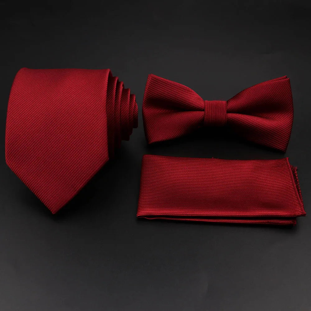Polyester Slim Striped Tie Set With Bow Tie And Cufflinks For Groom