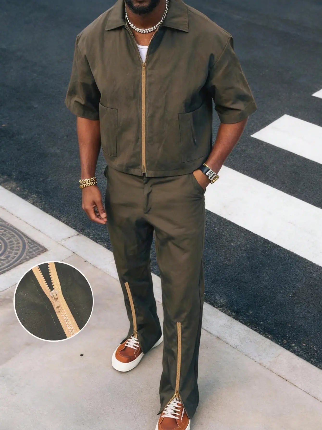 Mens Zip-Up Short Sleeve Jacket And Long Pants 2 Piece Set Casual Streetwear