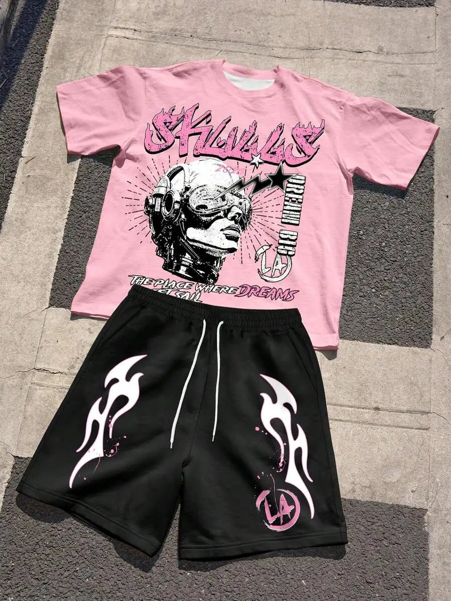Mens Graphic Print Short Sleeve T Shirt Drawstring Shorts Set