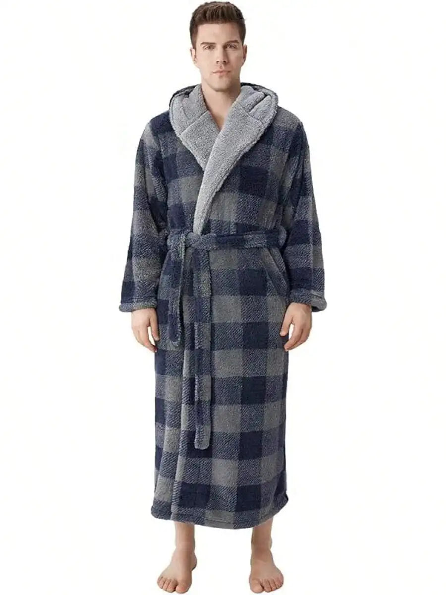 Mens Soft Fleece Plush Full Length Bathrobe With Hood