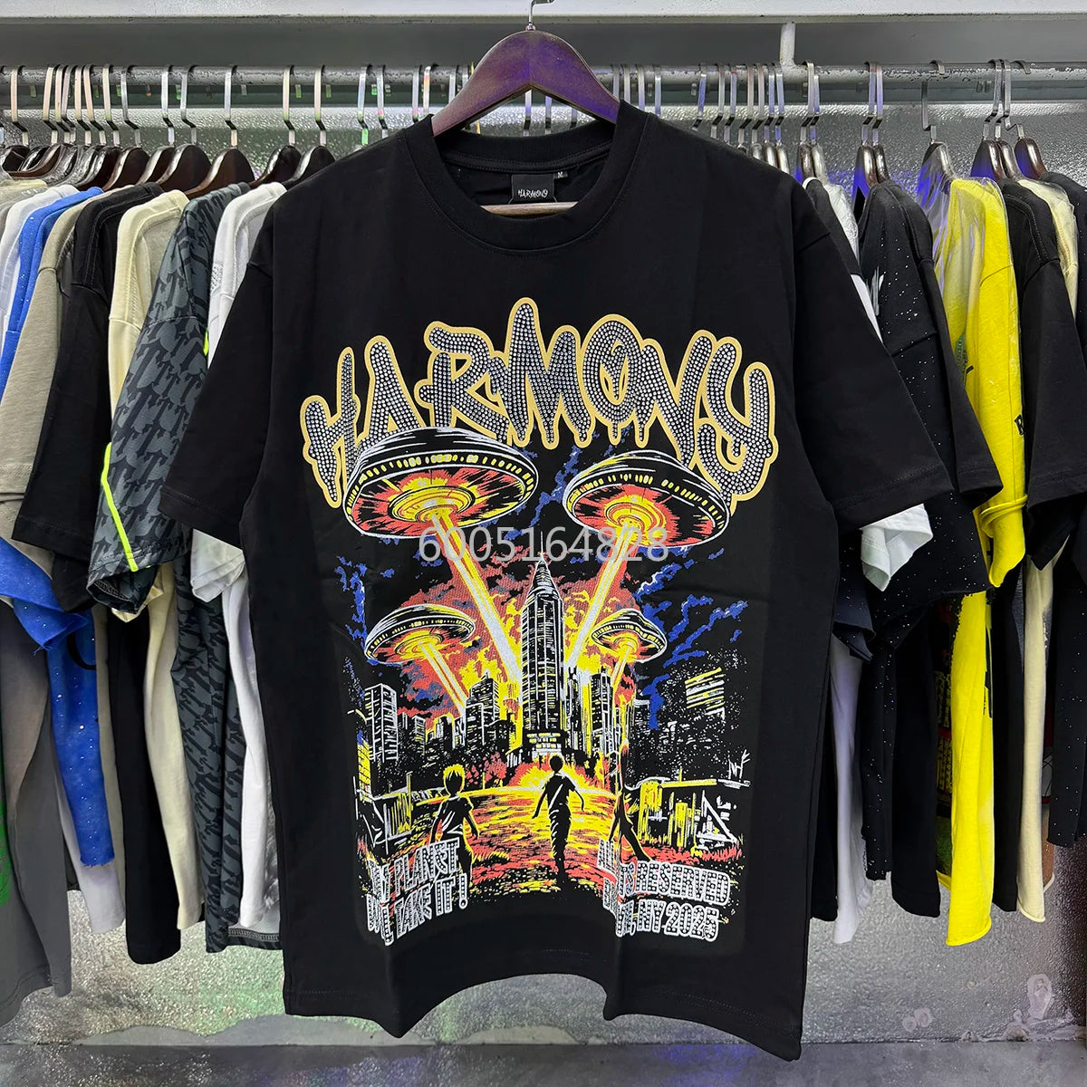 New Y2K HARMONY hotfix rhinestone logo T-shirts 100% cotton Men Women Pure Cotton American Retro Black Oversized T Shirt Street trendy T-shirt