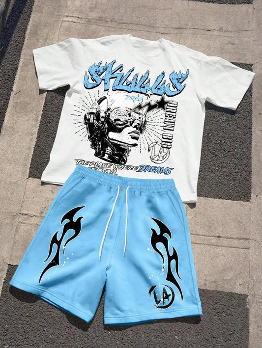 Mens Graphic Print Short Sleeve T Shirt Drawstring Shorts Set