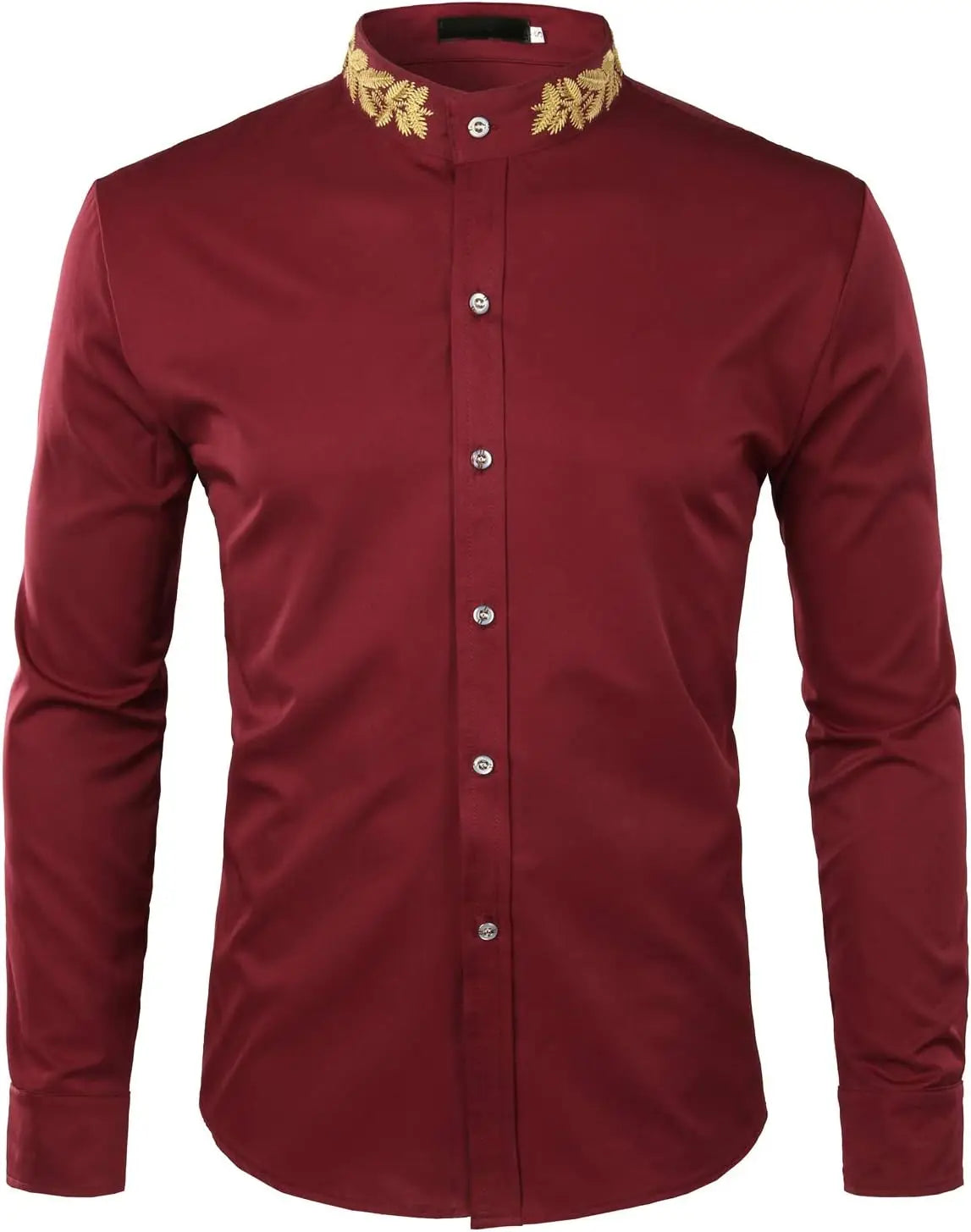 Mens Embroidery Mandarin Collar Slim Fit Long Sleeve Dress Shirt