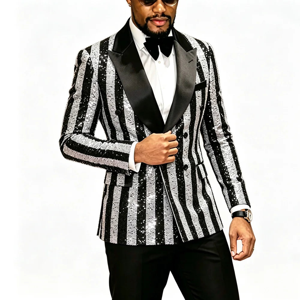 Men's Striped Sequin Double Breasted Tuxedo Suit Jacket And Pants