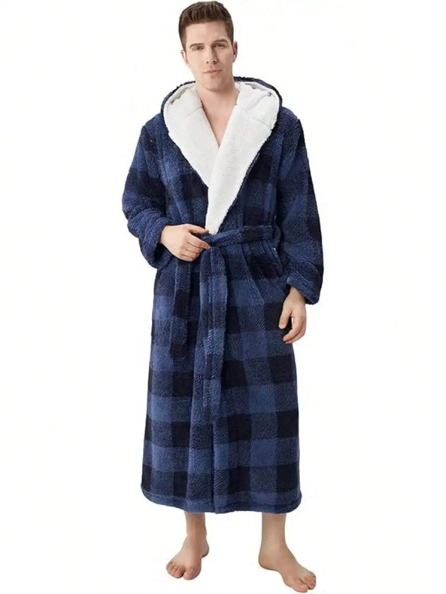 Mens Soft Fleece Plush Full Length Bathrobe With Hood