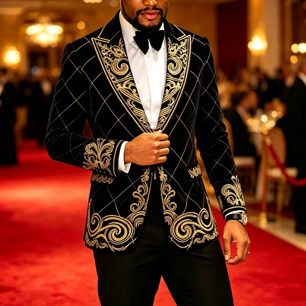 Mens Velvet Knot Embroidered Court Blazer Slim Fit Peak Lapel