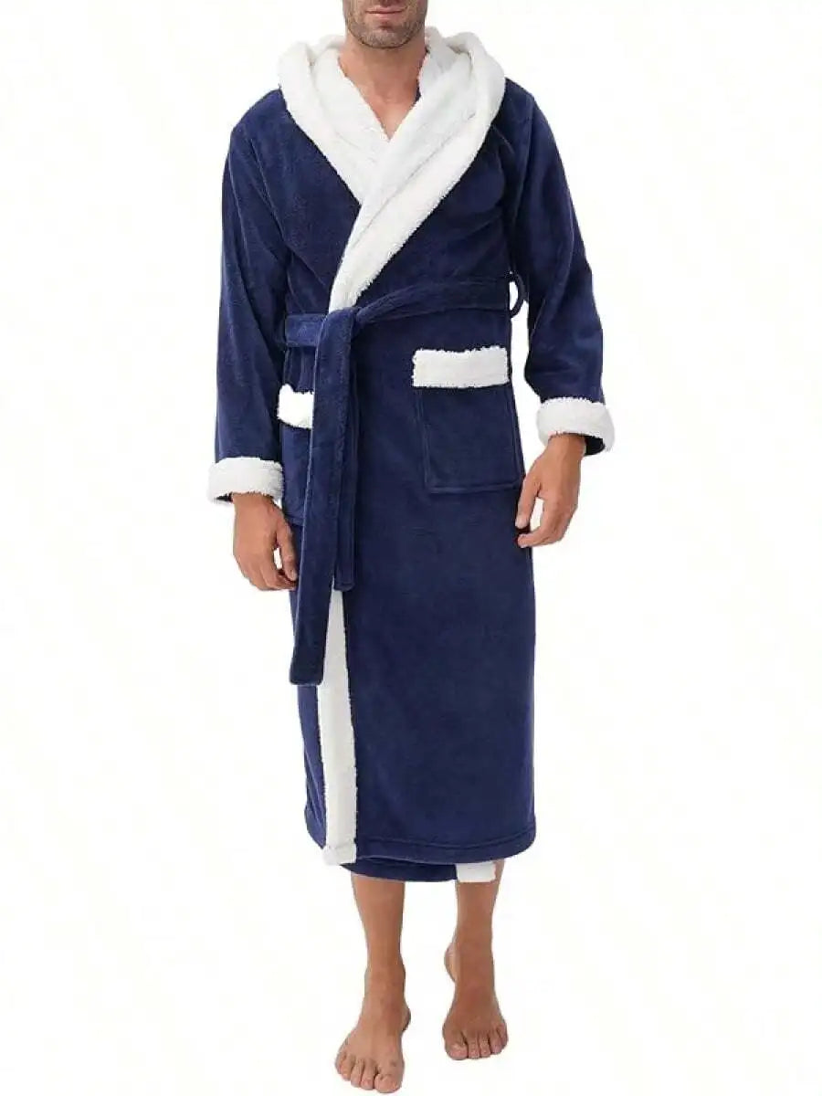 Mens Soft Fleece Plush Full Length Bathrobe With Hood