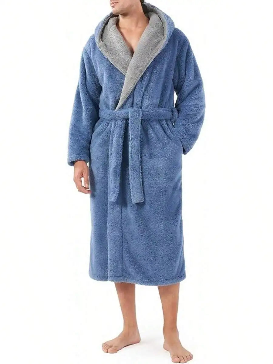 Mens Soft Fleece Plush Full Length Bathrobe With Hood