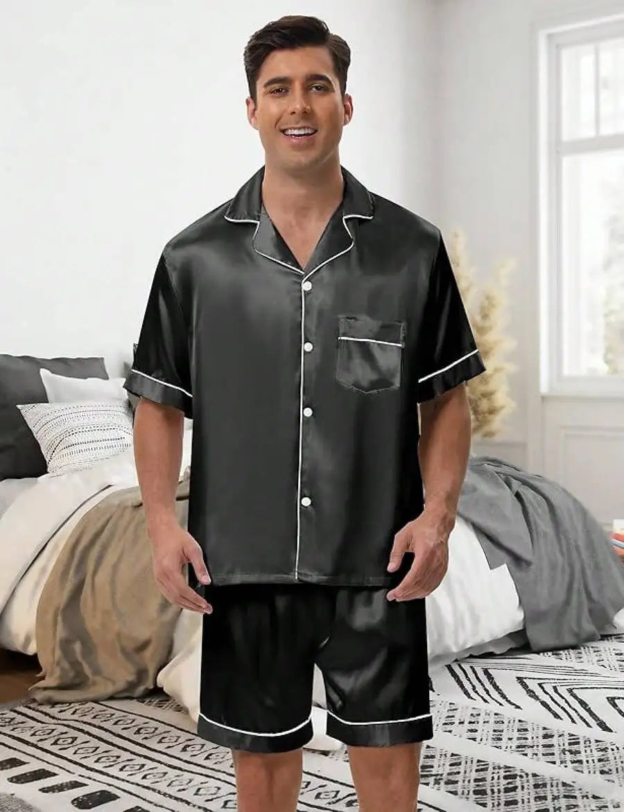 Mens Satin Pajama Set Button Down Sleepwear Loungewear