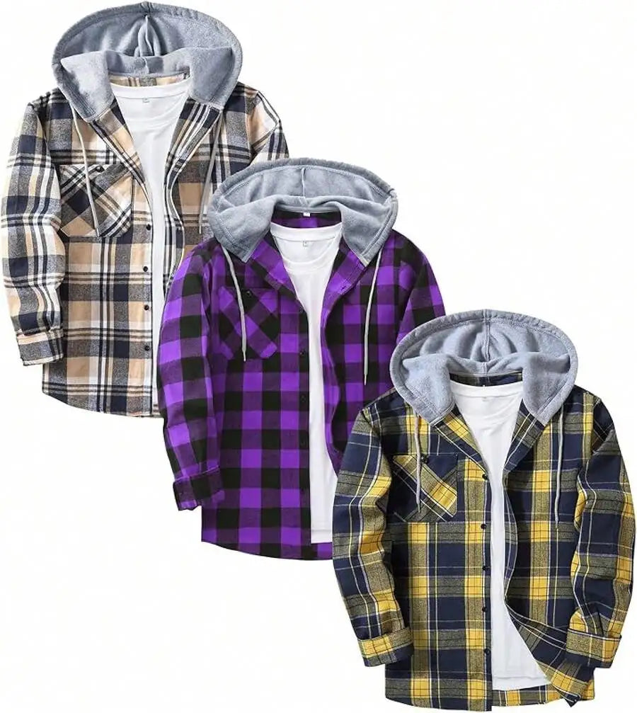 3 Pack Mens Flannel Hooded Shirt Jacket Plaid With Pocket