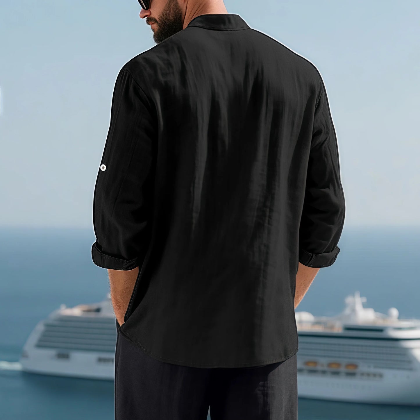 Mens Linen Button Down Shirt With Mandarin Collar Chest Pocket