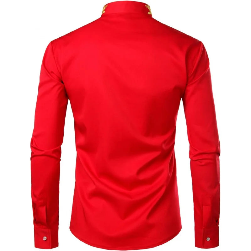 Mens Embroidery Mandarin Collar Slim Fit Long Sleeve Dress Shirt