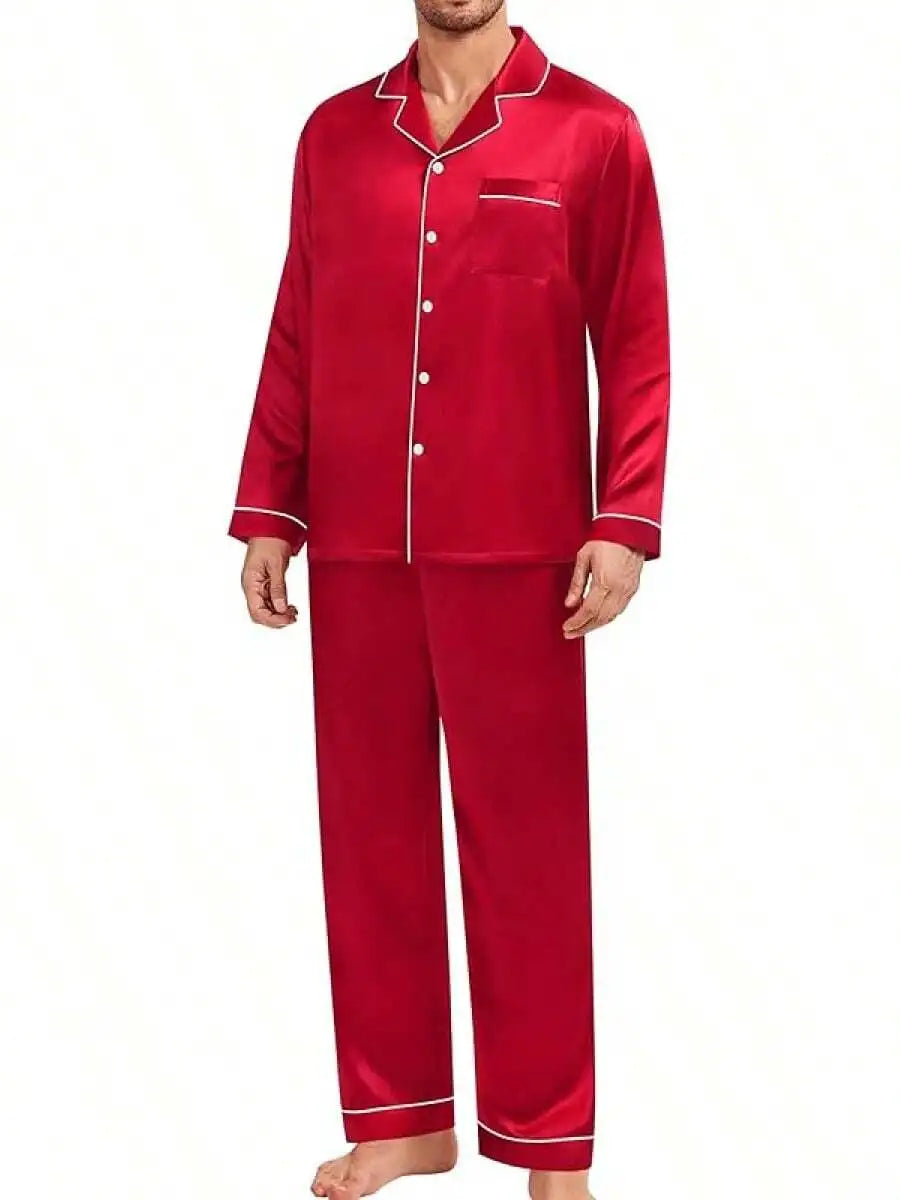 Mens Silk Satin Pajama Set Button Down Long Sleeve Loungewear With Long Pants