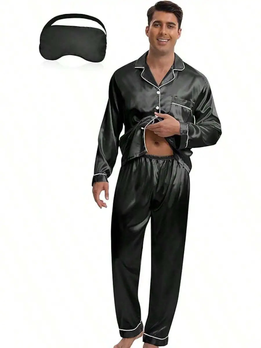 Mens Satin Pajama Set Button Down Sleepwear Loungewear