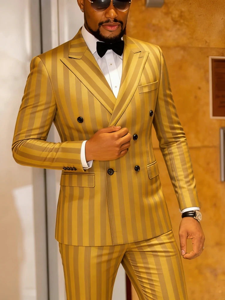 Mens Jacquard 2 Double Breasted Suit Jacket Pants Slim Fit