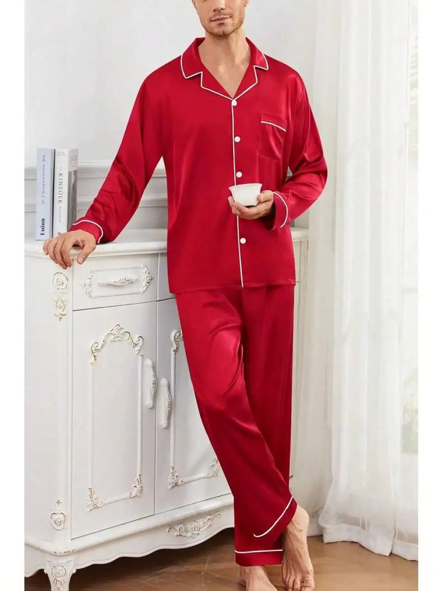 Mens Silk Satin Pajama Set Button Down Long Sleeve Loungewear With Long Pants