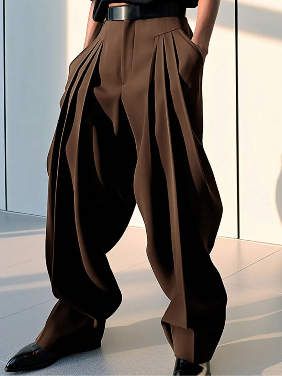 Mens High Waist Pleated Wide Leg Chino Pants Casual Solid Long Trousers
