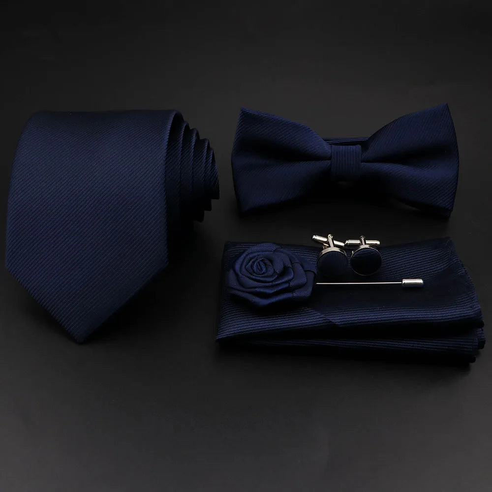 Polyester Slim Striped Tie Set With Bow Tie And Cufflinks For Groom