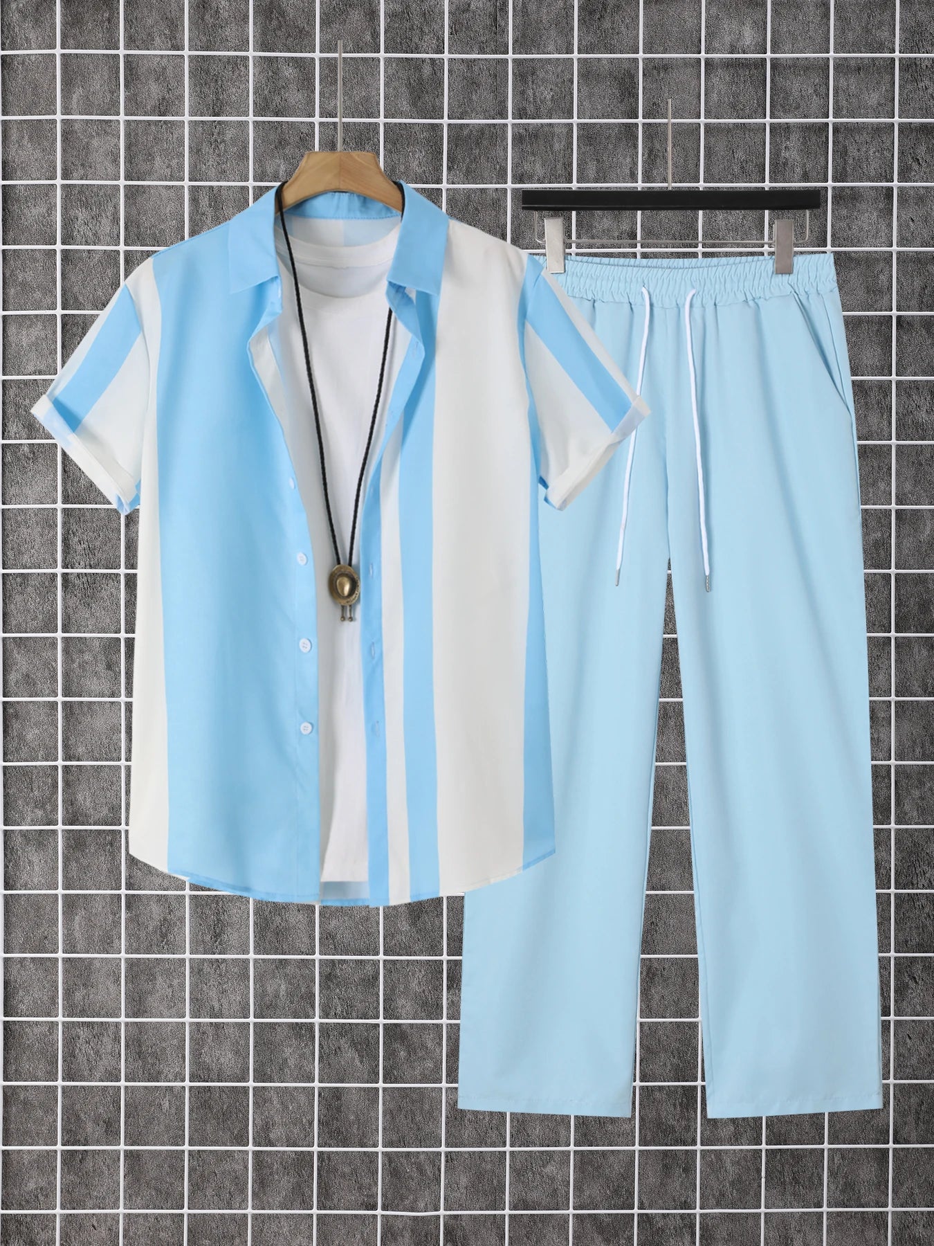 Mens Summer Short Sleeve Button Down Shirt And Pants Set