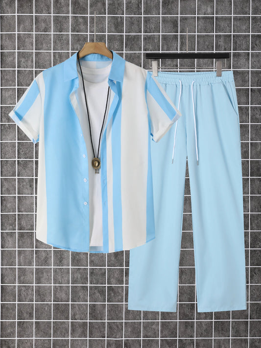 Mens Summer Short Sleeve Button Down Shirt And Pants Set