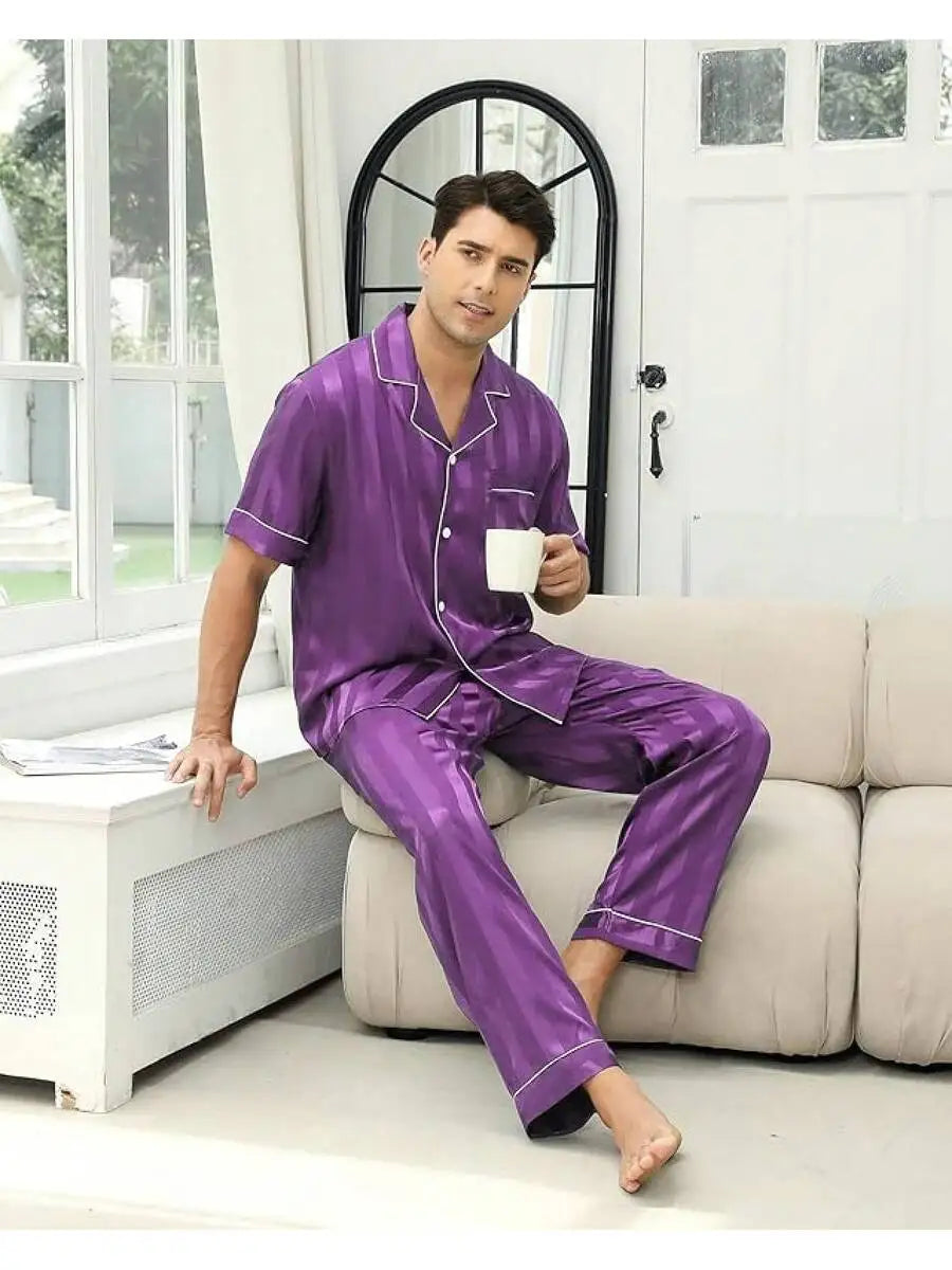 Mens Silk Satin Pajama Set Short Sleeve Button Down Loungewear