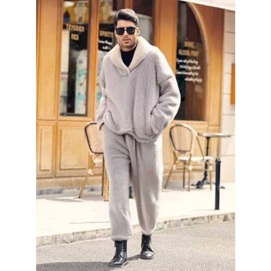 Mens Fluffy Coral Fleece Pajama Set Pullover Pants Loungewear Sleepwear
