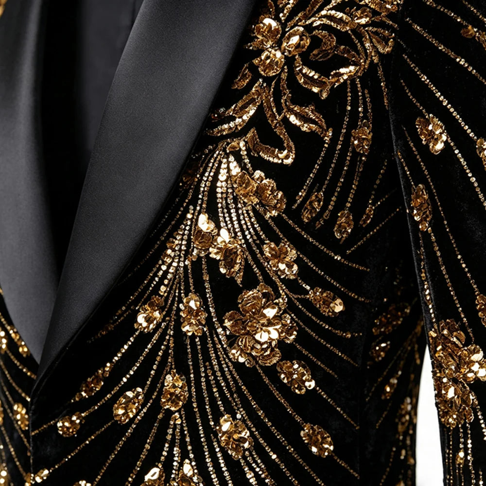 Men's Velvet Tuxedo Jacket Gold Sequin Embroidery Shawl Lapel Blazer