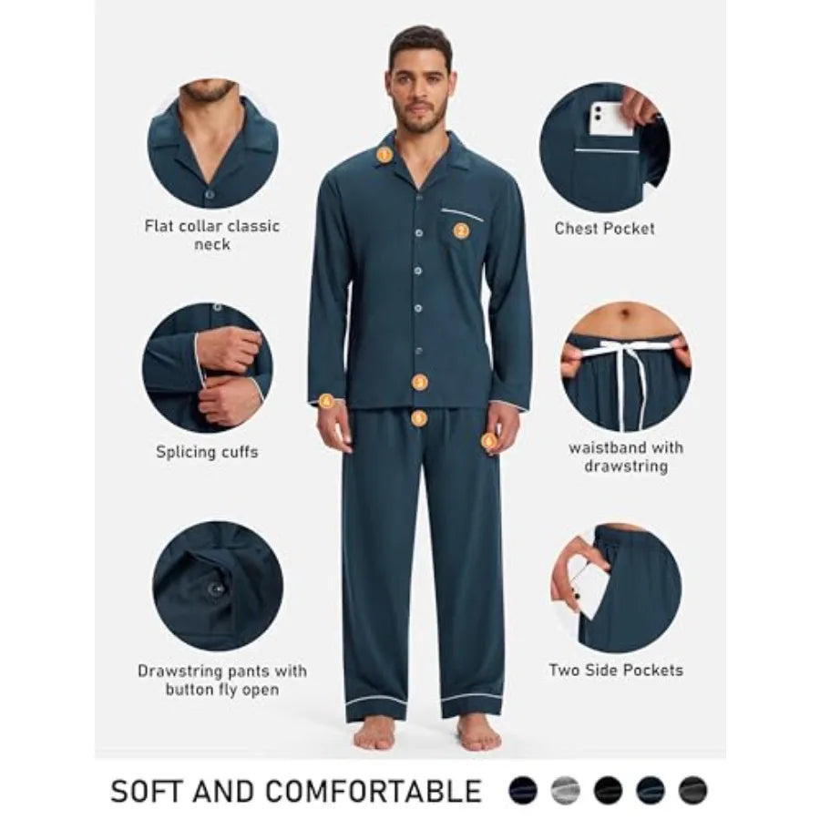 Mens Pajamas Set Soft Cotton Notched Collared Pjs for Men Long Sleeve Men's Sleepwear Loungewear Pyjama Homme
