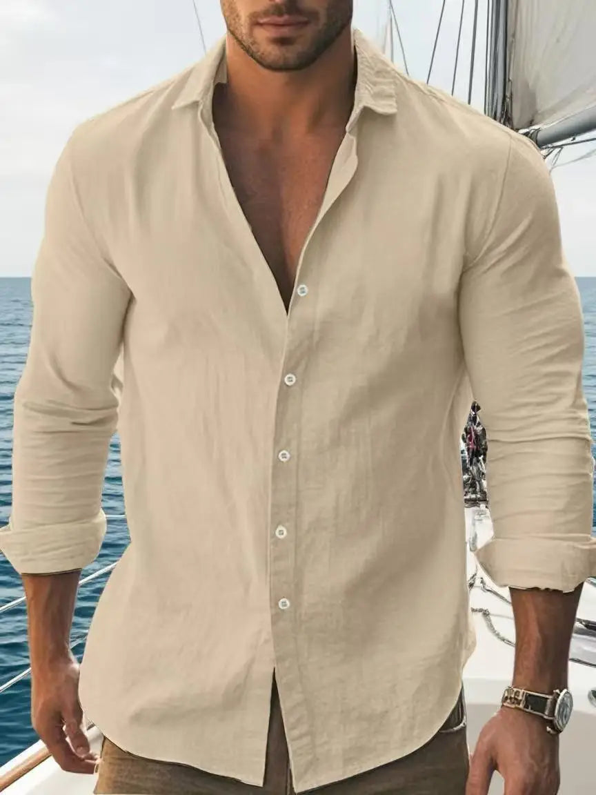 Mens Cotton Long Sleeve Shirt Classic Collar Casual Slim Fit
