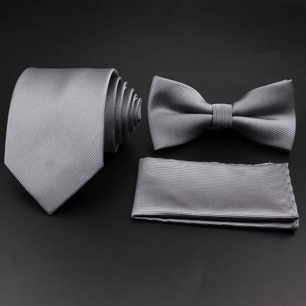 Polyester Slim Striped Tie Set With Bow Tie And Cufflinks For Groom