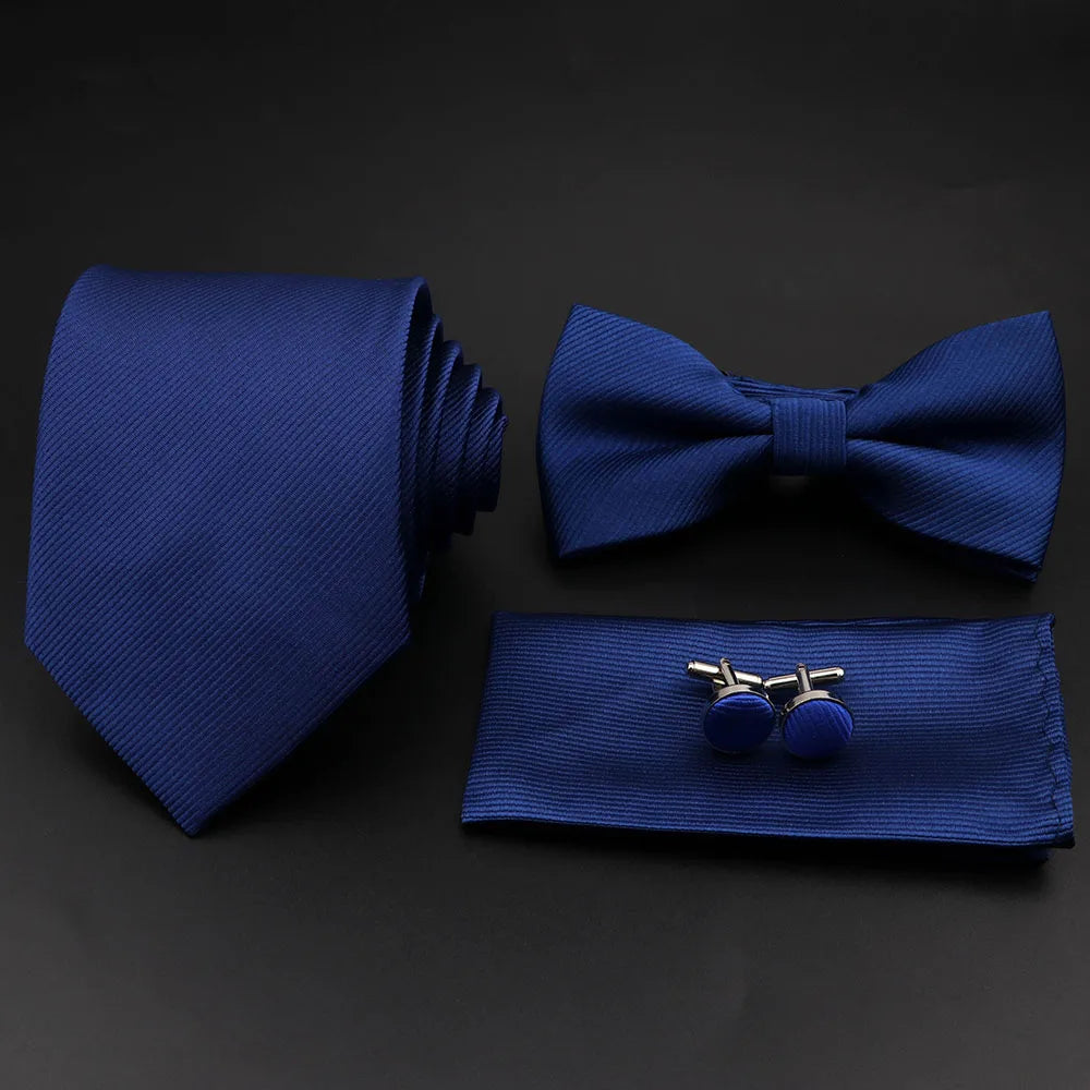 Polyester Slim Striped Tie Set With Bow Tie And Cufflinks For Groom