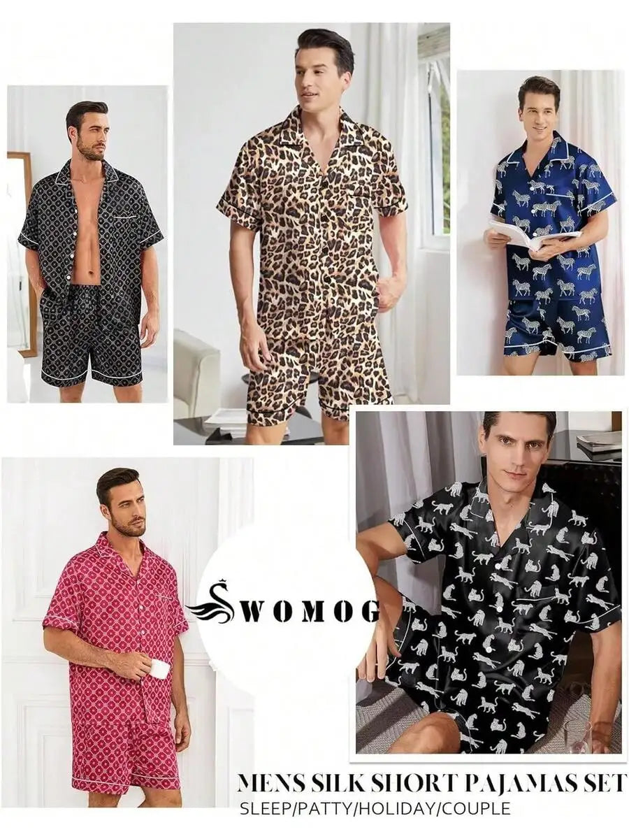 Mens Satin Silk Pajama Set Short Sleeve Button Down Sleepwear With Pocket
