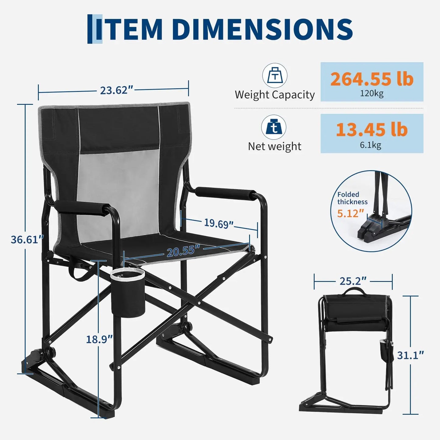 HiMISS Outdoor Folding Rocking Chair With Cup Holder And Breathable Backrest
