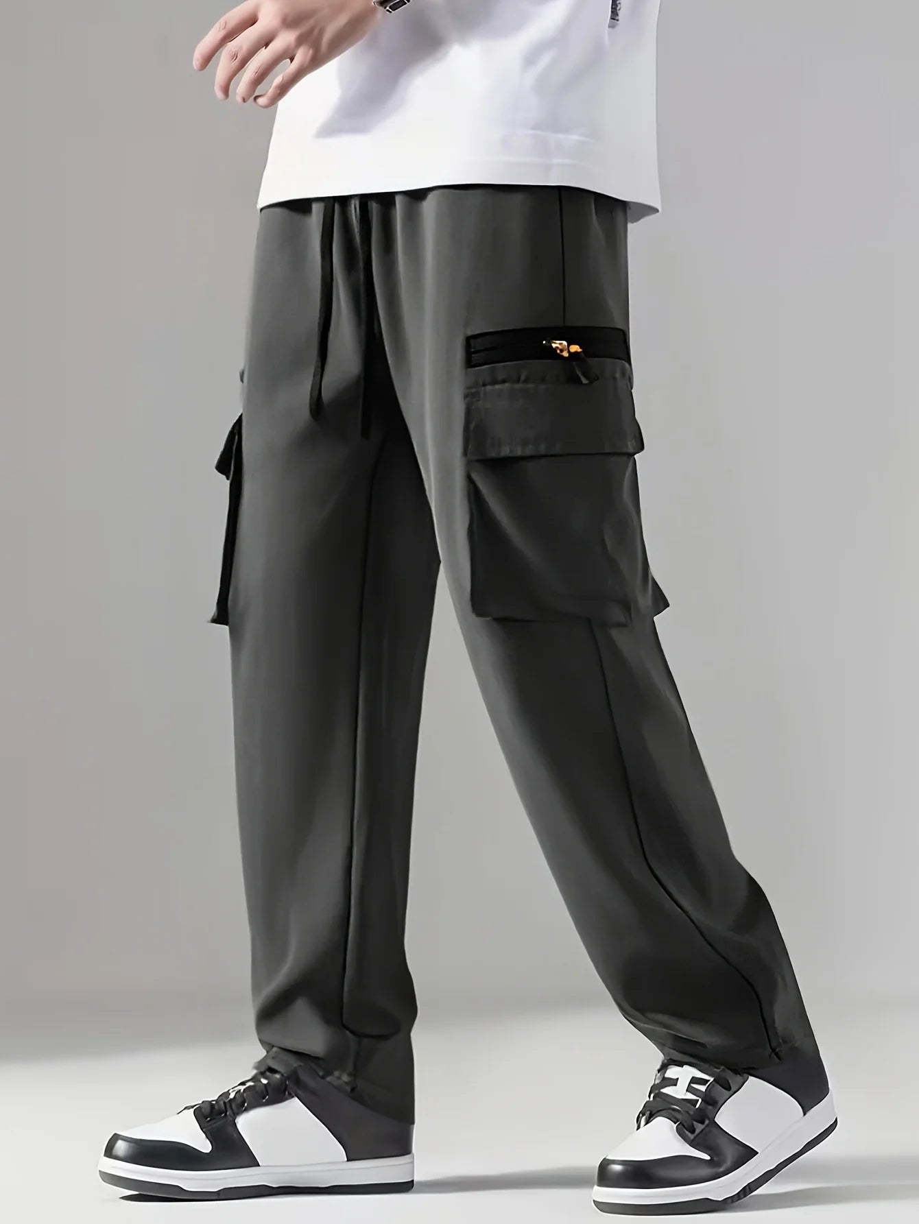 6 pieces of men's regular outdoor pants, work pants, fashionable pants and sports pants, multi pocket drawstring elastic waist, casual pants