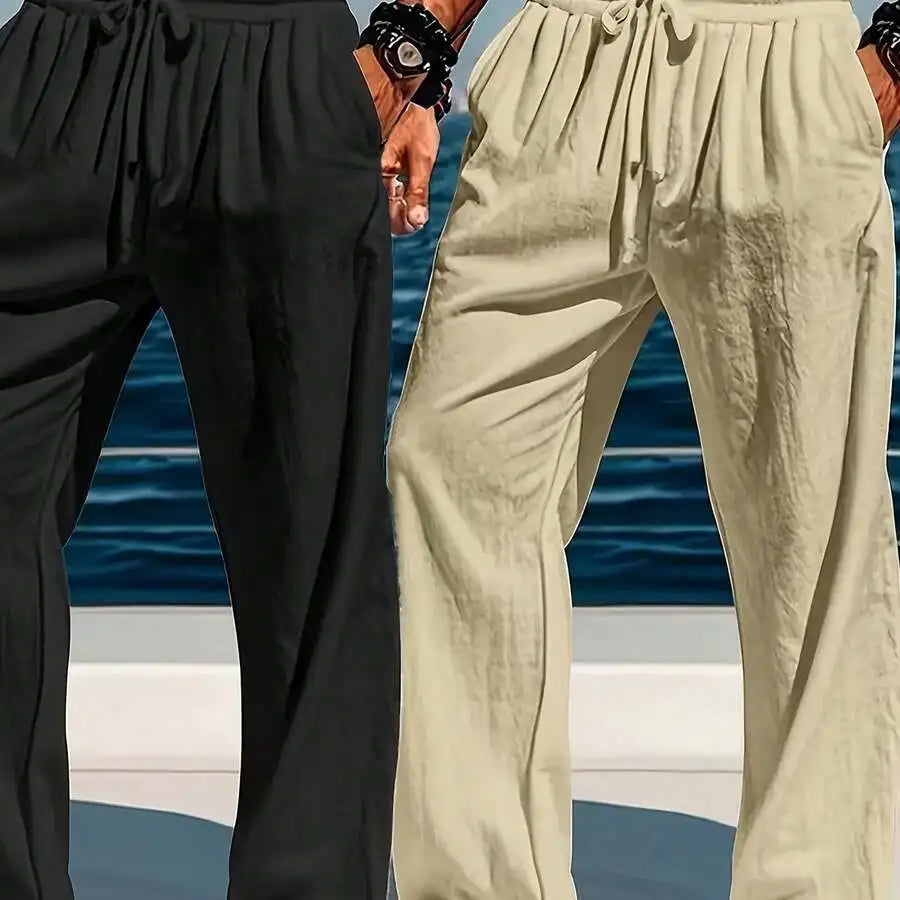 2pcs Mens Lightweight Linen Wide-Leg Drawstring Pants For Summer Beach And Leisure Wear, Machine Washable Solid Color