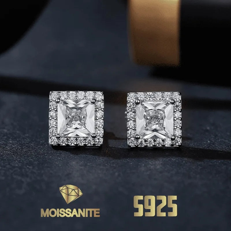 Moissanite Halo Princess Cut Stud Earrings 925 Sterling Silver