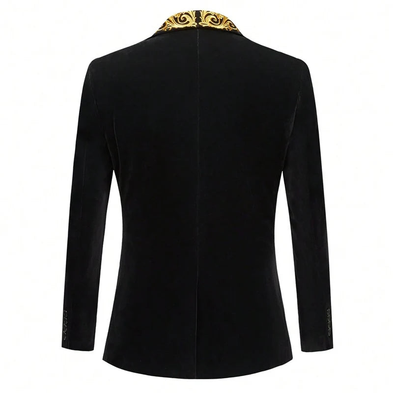 Mens Velvet Blazer With Gold Baroque Embroidery Shawl Lapel