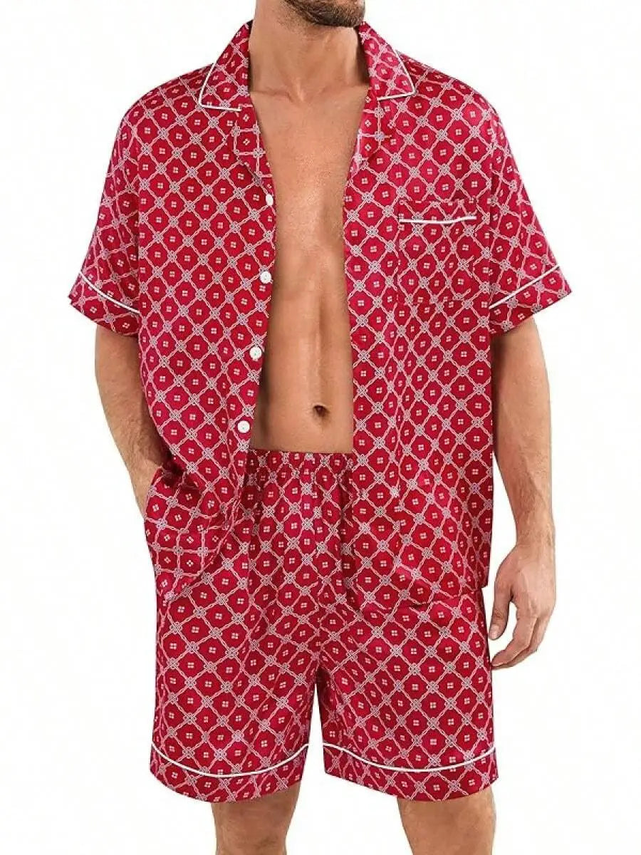 Mens Satin Silk Pajama Set Short Sleeve Button Down Sleepwear With Pocket
