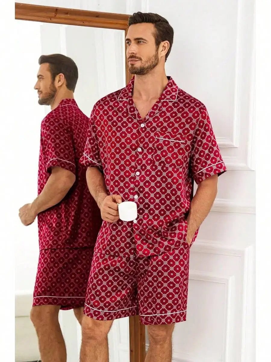 Mens Satin Silk Pajama Set Short Sleeve Button Down Sleepwear With Pocket