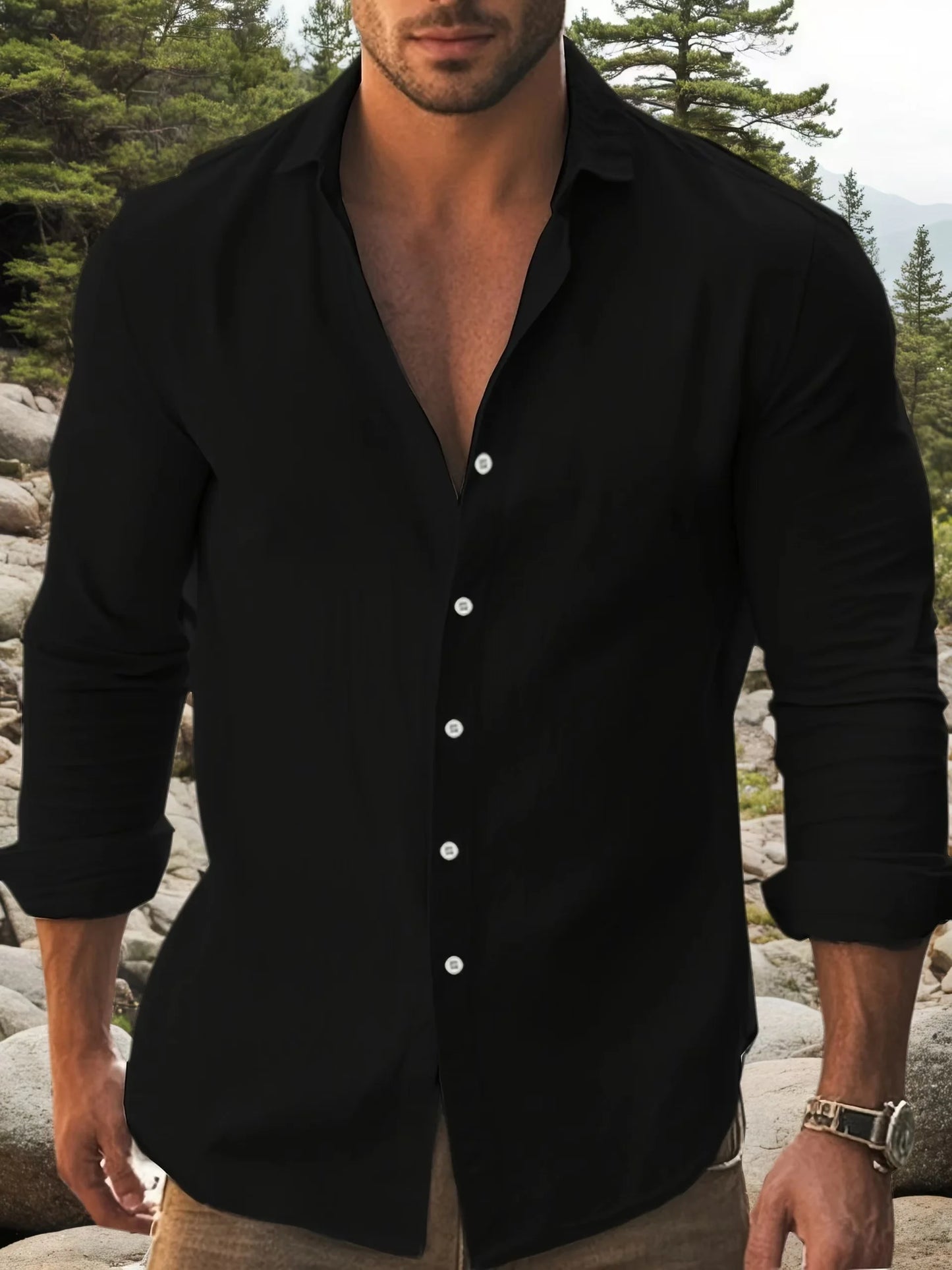 Mens Cotton Long Sleeve Shirt Classic Collar Casual Slim Fit
