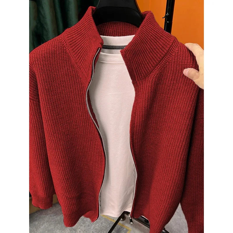 Men's Zipper Cardigan Knit Sweater Stand Collar For Autumn Winter