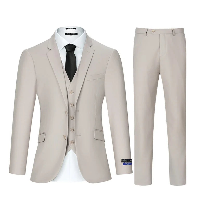 Mens Three Piece Solid Suit Set Regular Fit Button Details