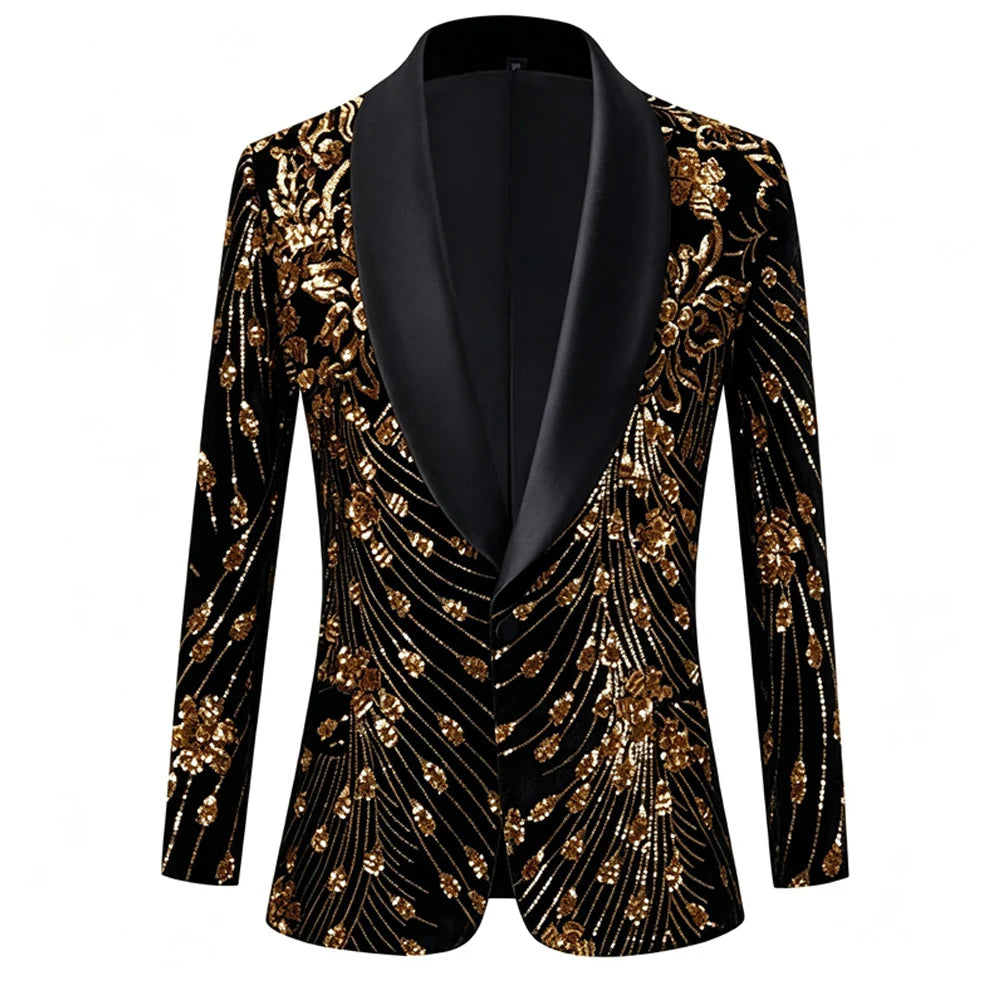 Men's Velvet Tuxedo Jacket Gold Sequin Embroidery Shawl Lapel Blazer
