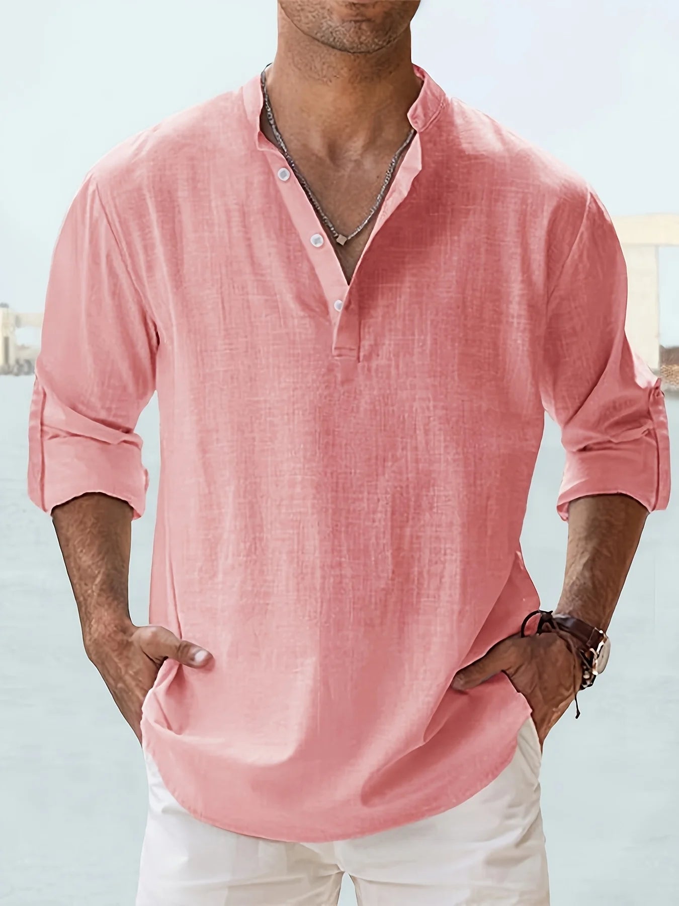Mens Linen Stand Collar Long Sleeve Shirt Loose Fit Cotton Linen Blend