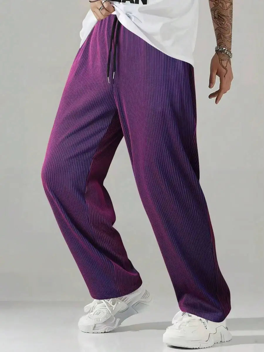 Mens Pleated Striped Loose Fit Drawstring Waist Trousers For Casual Streetwear And Travel Use